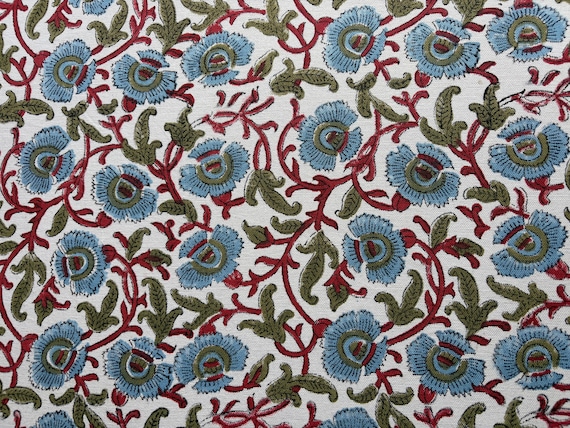 Red Green Blue Hand Block Print Thick Cotton & Duck Canvas Fabric by Yard, Floral Upholstery Fabric, Drapery, Cushion Cover Material