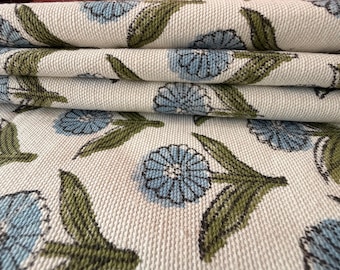 Green Blue Block Printed Upholstery Cotton Fabric | Heavyweight Duck Canvas | Indian Floral Print Fabric for Furniture Cushions & Drapery
