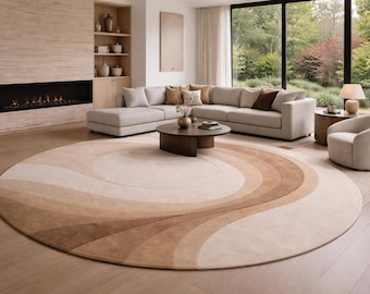Hand Tufted Wool Round Rug, Abstract Beige Modern Carpet