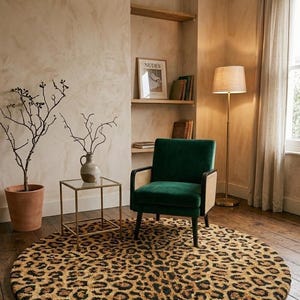 Rund leopardmönstrad handtuftad ullmatta, modern djungelmatta i statement-stil