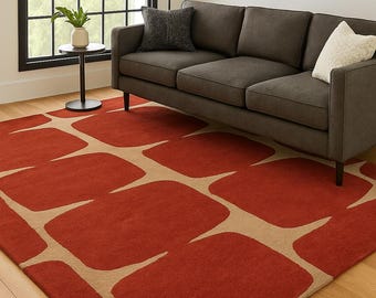 Burnt Orange Geometric Rug - Mid-Century Modern Style