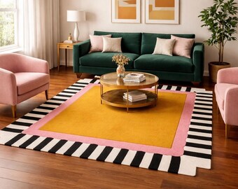 Geometric Area Rug – Mustard Yellow, Pink Border, Black & White Stripe