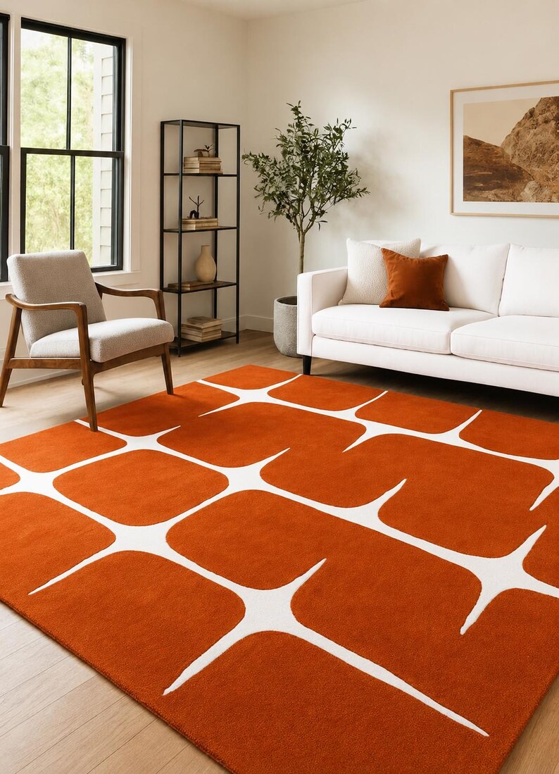 Patterned Rug Orange Hand Tufted Wool Area Rug | Modern Orange Geometric Mid Century Carpet ...