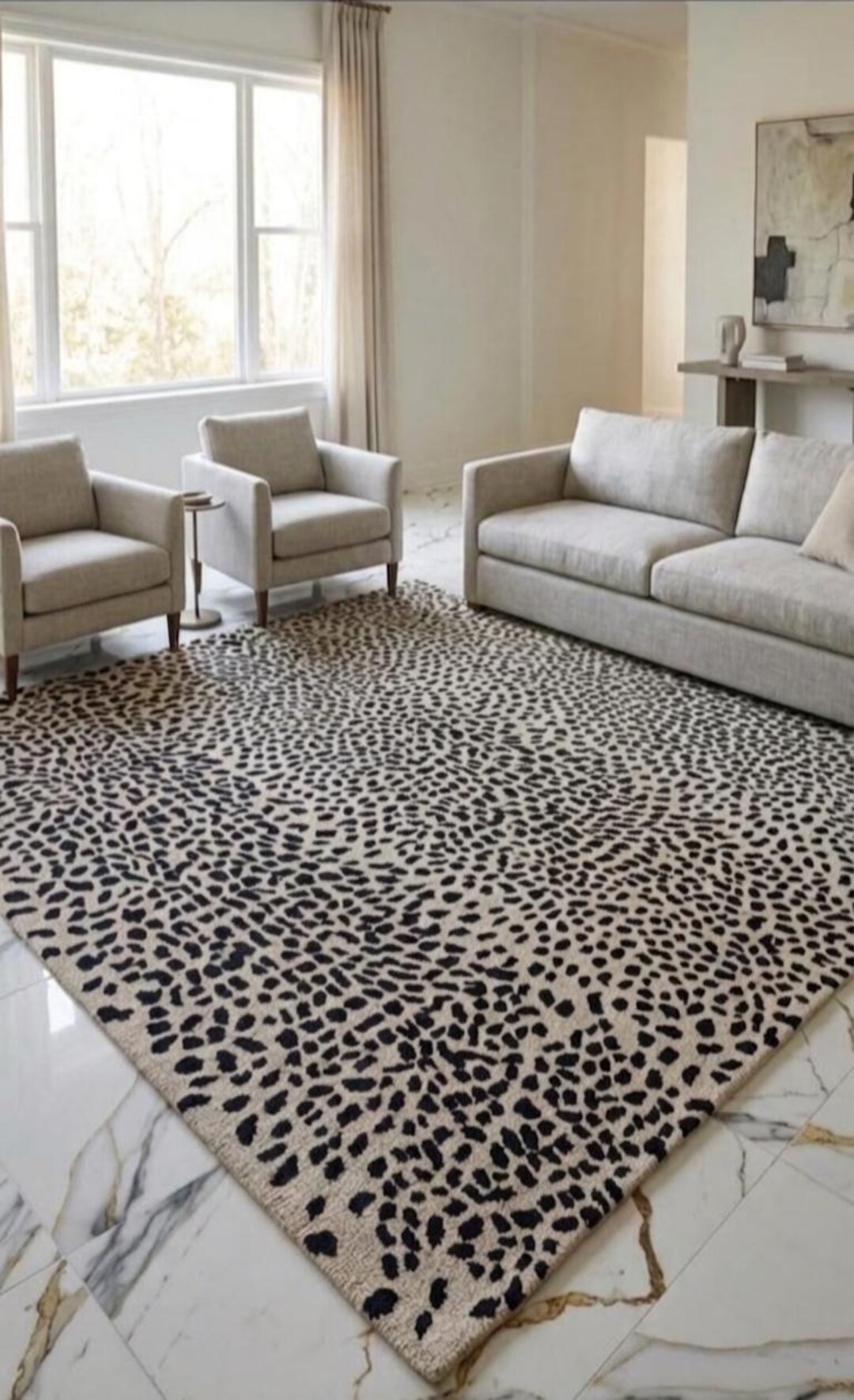 Leopard Print Texture Rug Hand Tufted Wool Rug: Black Leopard Print, Neutral Abstract Area Rug ...