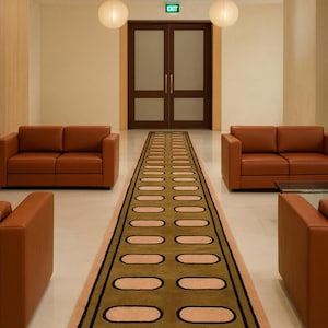 Tapis de passage géométrique moderne, tapis de couloir abstrait Mid-Century, terre cuite vert olive