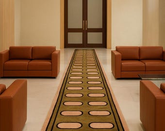 Modern Geometric Runner Rug, Mid Century Abstract Hallway Rug, Olive Green Terracotta