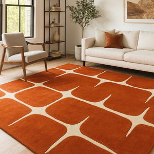 Dywan wełniany tuftowany ręcznie | Nowoczesny pomarańczowy dywan geometryczny w stylu mid-century