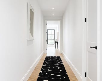 Alfombra de pasillo abstracta de lana negra, alfombra hecha a mano, estilo moderno para recibidor.