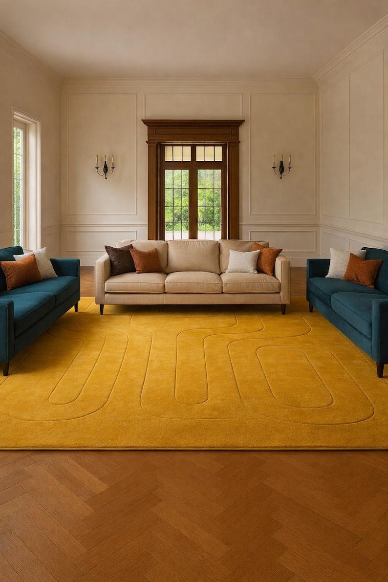 Modern Mustard Yellow Area Rug – Abstract Line Pattern Carpet for ...