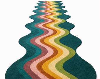 Könnte beinhalten: Ein farbenfroher, wellenförmiger Teppich mit tealfarbener Basis und Streifen in Rosa, Braun, Gelb, Grün und Creme. Der Teppich hat ein einzigartiges, fließendes Design und verleiht jedem Raum eine lebendige Note. Der Teppich ist ca. 152 cm lang.