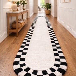 Hand Tufted Wool Oval Runner Rug, Black White Checkerboard Border Carpet