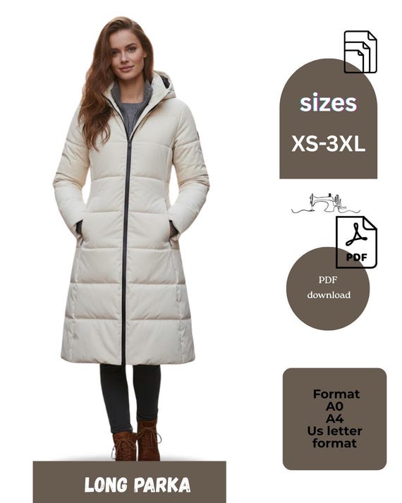 Puffer jacket sewing pattern, parka pattern pdf, long coat pattren for women, winter jacket women, hooded parka