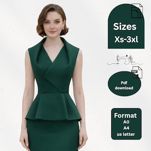 Peplum Blouse Sewing Pattern, Sleeveless Peplum top , Office Top Pattern XS-4XL , PDF download