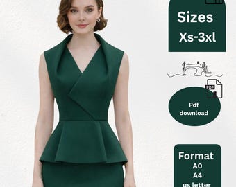 Schnittmuster Schößchen-Bluse, Ärmelloses Schößchen-Top, Office Top Schnittmuster XS-4XL, PDF-Download