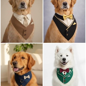 May include: Four dogs wearing formal attire. One dog wears a brown vest with a white shirt and tie. Another wears a black vest with a yellow bow tie. A third dog has a navy blue bandana with a cream bow tie. The last dog wears a green vest with a red bow tie.