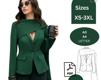 Blazer Schnittmuster PDF | Damenblazer mit asymmetrischem Kragen | Geschneiderte Jacke Digital Pattern