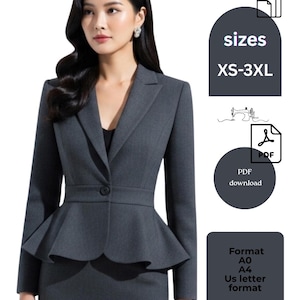 Women Peplum Blazer Sewing Pattern | Digital PDF Jacket Pattern | Tailored Peplum Blazer | Beginner–Advanced Sewing | Printable Pattern