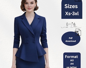 Asymmetrischer Schößchen Blazer Schnittmuster | Maßgeschneiderte Jacke PDF Pattern | Damen Wickelblazer Schnittmuster | DIY Schößchen Jacke | Sofort Download