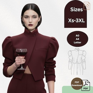 Cropped Blazer Sewing Pattern, Puff Sleeves, Tailored Fit (PDF Pattern)