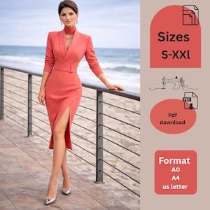 Puede incluir: Un vestido color coral con cuello alto, mangas largas y abertura en el muslo. El vestido está ceñido a la cintura y se combina con tacones plateados. La imagen también incluye el texto "Tallas S-XXL", "Pdf download" y "Formato A0 A4 us letter".
