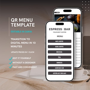 Website template for menu with QR code |Editable QR Menu Template for Cafe | Restaurant Menu Canva Template | Digital Menu | QR Code Menu
