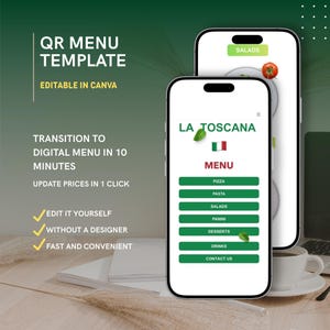 Könnte beinhalten: Zwei Smartphones zeigen eine digitale Menüvorlage für ein Restaurant mit Optionen wie Pizza und Pasta. Der Text lautet "QR Menu Template" und "Editable in Canva."