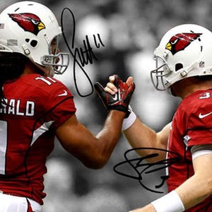 Pôster autografado por Larry Fitzgerald e Carson Palmer, arte do Arizona Cardinals da NFL.