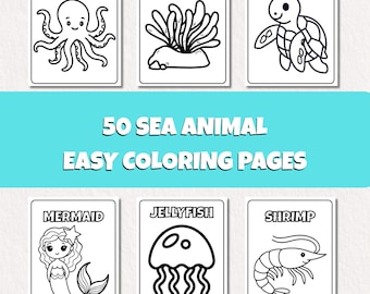 50 sea animals coloring pages for preschool, ocean animal worksheet bundle, printable kids activity