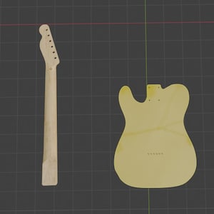 Puede incluir: M&aacute;stil y cuerpo de guitarra sin terminar, probablemente para una Telecaster. El m&aacute;stil tiene agujeros para las clavijas de afinaci&oacute;n, y el cuerpo tiene una forma cl&aacute;sica con un corte. Los componentes est&aacute;n sobre un fondo de rejilla oscura.