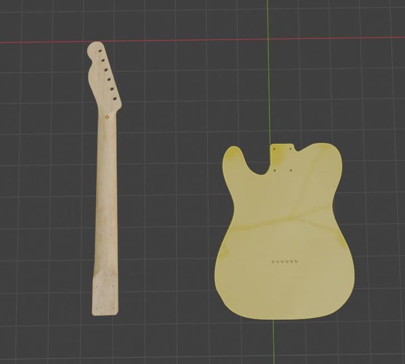 Puede incluir: M&aacute;stil y cuerpo de guitarra sin terminar, probablemente para una Telecaster. El m&aacute;stil tiene agujeros para las clavijas de afinaci&oacute;n, y el cuerpo tiene una forma cl&aacute;sica con un corte. Los componentes est&aacute;n sobre un fondo de rejilla oscura.