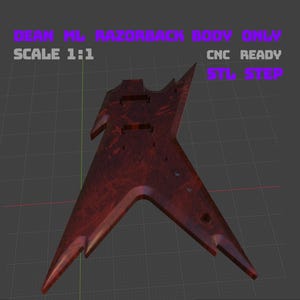 May include: A 3D digital model of a Dean ML Razorback guitar body in a dark red marbled finish. The text reads DEAN ML RAZORBACK BODY ONLY, SCALE 1:1, CNC READY, STL STEP. The design features sharp, angular points and cutouts for hardware.