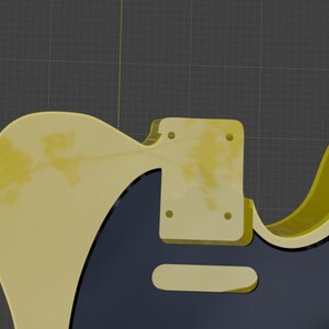 Puede incluir: Una representaci&oacute;n 3D de un cuerpo de guitarra en color amarillo claro con un golpeador azul oscuro. El cuerpo de la guitarra tiene una placa rectangular con cuatro agujeros para tornillos y una forma curva. Los bordes est&aacute;n delineados en amarillo m&aacute;s oscuro.