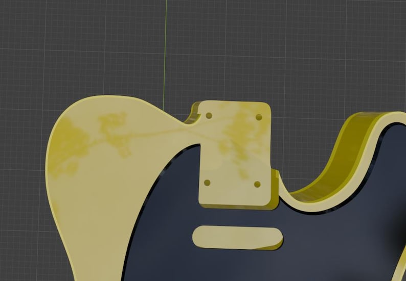 Puede incluir: Una representaci&oacute;n 3D de un cuerpo de guitarra en color amarillo claro con un golpeador azul oscuro. El cuerpo de la guitarra tiene una placa rectangular con cuatro agujeros para tornillos y una forma curva. Los bordes est&aacute;n delineados en amarillo m&aacute;s oscuro.