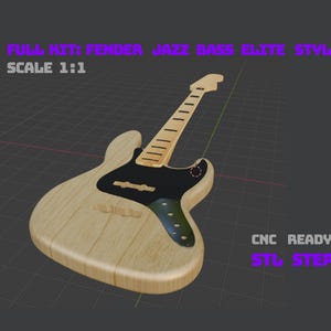 Può includere: Un modello digitale 3D di un basso in stile Fender Jazz Bass Elite con finitura in legno chiaro, battipenna e tastiera neri. Il testo recita: FULL KIT: FENDER JAZZ BASS ELITE STYLE, SCALE 1:1, CNC READY, STL STEP. Il design è su una griglia.