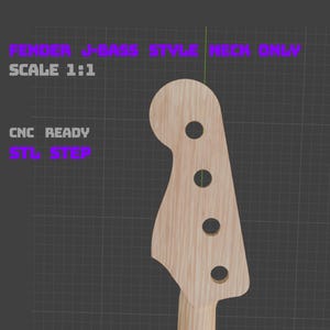 Op de afbeelding: Een lichtgekleurde houten Fender J-Bass stijl hals, CNC-klaar. De afbeelding toont de kop met vier stemgaten en de tekst "FENDER J-BASS STYLE NECK ONLY" en "SCALE 1:1". De tekst "STL STEP" is ook zichtbaar.