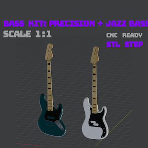 May include: A digital 3D model of two bass guitars, one dark teal and one white, with light wood necks and black pickguards. Text reads: BASS KIT: PRECISION + JAZZ BASS, SCALE 1:1, CNC READY, STL STEP. The guitars are displayed on a gray grid background.