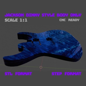 Könnte beinhalten: Blau-schwarzer Jackson Dinky Gitarrenkorpus, CNC-fertig, im Maßstab 1:1. Der Korpus hat ein wirbelndes, strukturiertes Muster. Der Text "STL FORMAT" und "STEP FORMAT" ist ebenfalls enthalten.