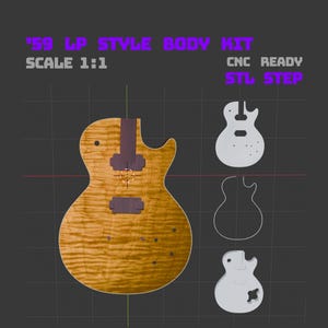 May include: "59 LP Style Body Kit" with "Scale 1:1" text. The image shows a guitar body with a light brown wood grain finish, along with CNC-ready STL and STEP files. The guitar body has a dark brown neck and bridge area.