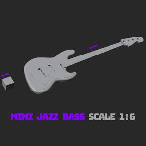May include: A grey miniature Jazz Bass guitar model, scale 1:6, with dimensions labeled. The body and neck are visible, with a small cube to the left. The text "MINI JAZZ BASS SCALE 1:6" is displayed in purple.
