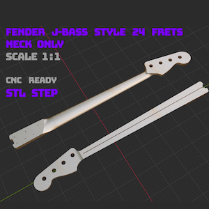 Może przedstawiać: Cyfrowy model 3D gryfu do gitary basowej z 24 progami w stylu Fender J-Bass. Obraz przedstawia dwa widoki jasnego gryfu, w tym główkę z czterema otworami na klucze. Tekst: FENDER J-BASS STYLE 24 FRETS, NECK ONLY, SCALE 1:1, CNC READY, STL STEP.