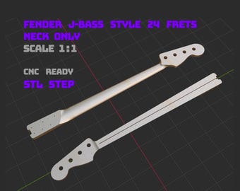 Jazz Bass Style 24 Fret Neck 1:1 Scale | STL + STEP | CNC Bass Guitar Neck