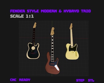 Fender Style Modern/Hybrid Guitar Trio 1:1 | Telecaster, Jazz Bass 24 & Acoustasonic | STL + STEP CNC Files