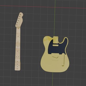 Puede incluir: Un m&aacute;stil de guitarra de madera de color claro con clavijas de afinaci&oacute;n y marcadores de traste se coloca junto a un cuerpo de guitarra. El cuerpo es de color amarillo claro con un golpeador azul oscuro y recortes.
