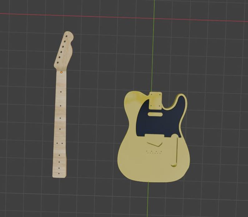 Puede incluir: Un m&aacute;stil de guitarra de madera de color claro con clavijas de afinaci&oacute;n y marcadores de traste se coloca junto a un cuerpo de guitarra. El cuerpo es de color amarillo claro con un golpeador azul oscuro y recortes.
