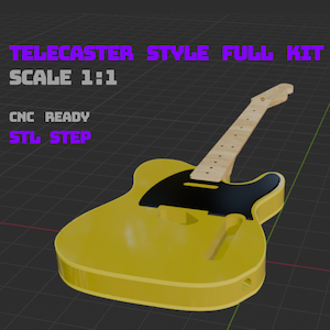 Puede incluir: Un cuerpo de guitarra estilo Telecaster amarillo con un golpeador negro y un m&aacute;stil de madera clara. El texto "TELECASTER STYLE FULL KIT" y "SCALE 1:1" es visible. Tambi&eacute;n es visible el texto "CNC READY" y "STL STEP".