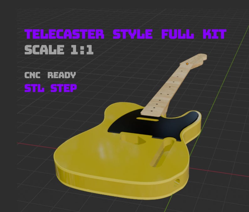 Puede incluir: Un cuerpo de guitarra estilo Telecaster amarillo con un golpeador negro y un m&aacute;stil de madera clara. El texto "TELECASTER STYLE FULL KIT" y "SCALE 1:1" es visible. Tambi&eacute;n es visible el texto "CNC READY" y "STL STEP".