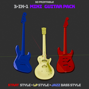 May include: 3D printable 3-in-1 mini guitar pack. The image shows three miniature guitars: a blue Strat style, a yellow LP style, and a red Jazz Bass style. The text "3D PRINTABLE" and "3-IN-1 MINI GUITAR PACK" are at the top.