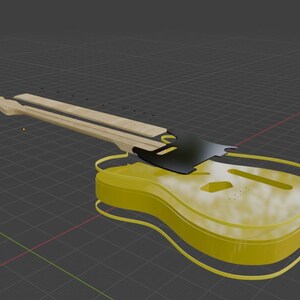 Puede incluir: Una representaci&oacute;n 3D de una guitarra el&eacute;ctrica, que muestra sus componentes. El cuerpo es amarillo transl&uacute;cido, con un golpeador negro y m&aacute;stil y diapas&oacute;n marr&oacute;n claro. La guitarra est&aacute; sobre un fondo de cuadr&iacute;cula.