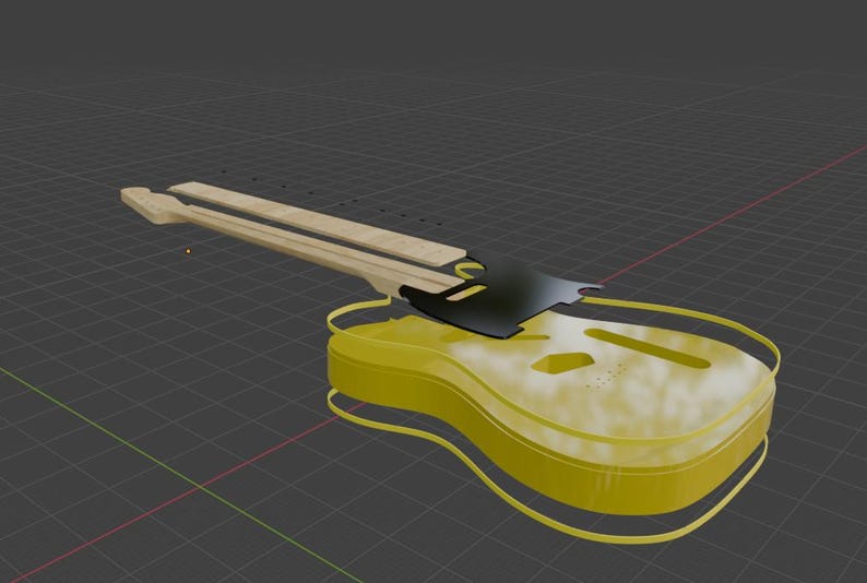 Puede incluir: Una representaci&oacute;n 3D de una guitarra el&eacute;ctrica, que muestra sus componentes. El cuerpo es amarillo transl&uacute;cido, con un golpeador negro y m&aacute;stil y diapas&oacute;n marr&oacute;n claro. La guitarra est&aacute; sobre un fondo de cuadr&iacute;cula.
