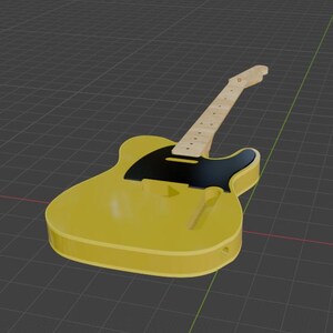 Puede incluir: Una guitarra el&eacute;ctrica amarilla con un golpeador negro y un m&aacute;stil de color claro. El cuerpo de la guitarra es de color amarillo liso, y el m&aacute;stil tiene marcadores de traste. La guitarra est&aacute; sobre un fondo de cuadr&iacute;cula gris.